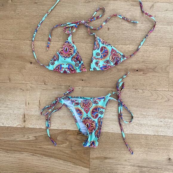Paisley Print Triangle Bikini in Green Multi - Picture 1 of 4
